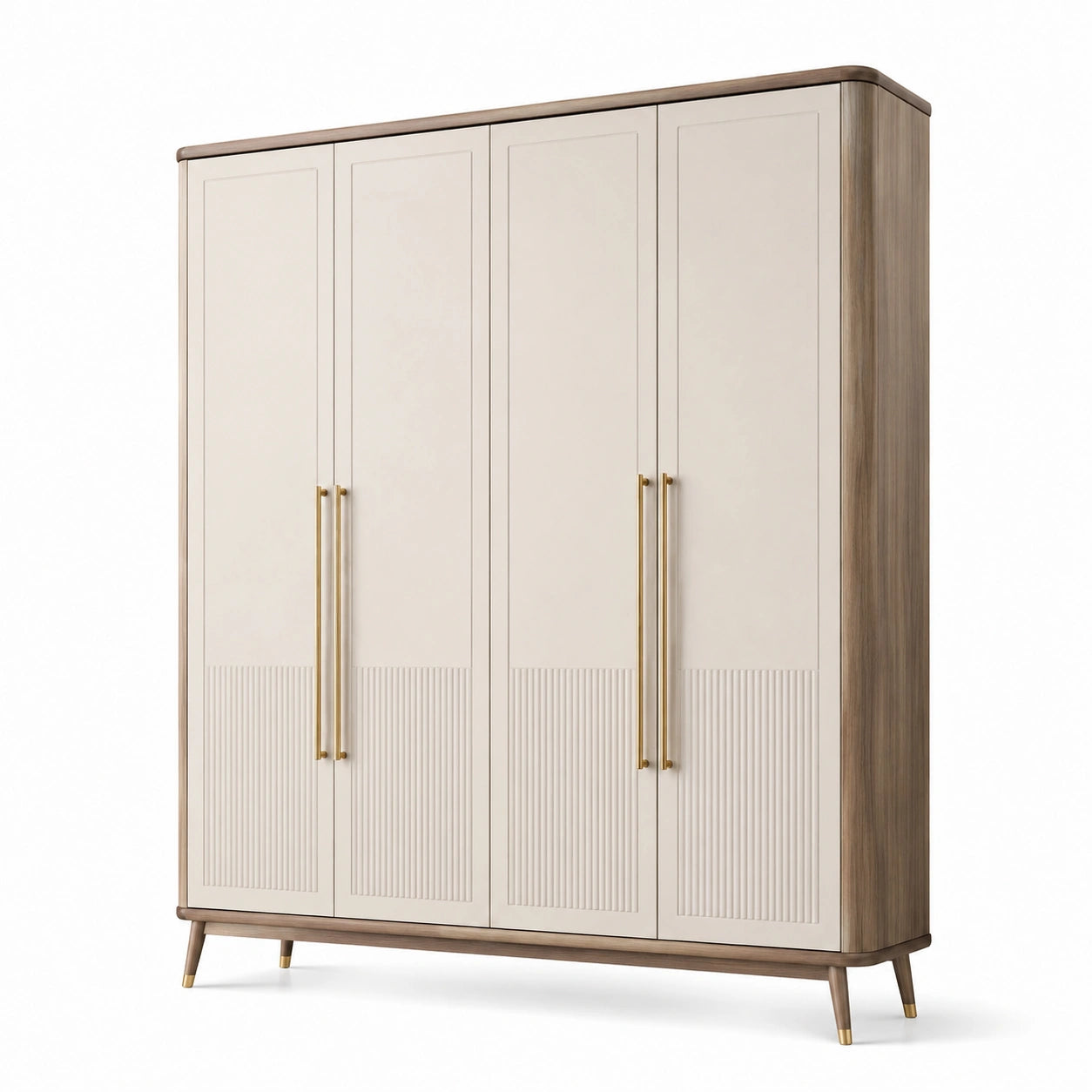 Armadio 4 Ante in Legno e MDF con Maniglie in Metallo, Crema e Marrone