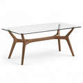 Tavolo rettangolare in vetro temperato con base in legno di noce 180x90x75 cm