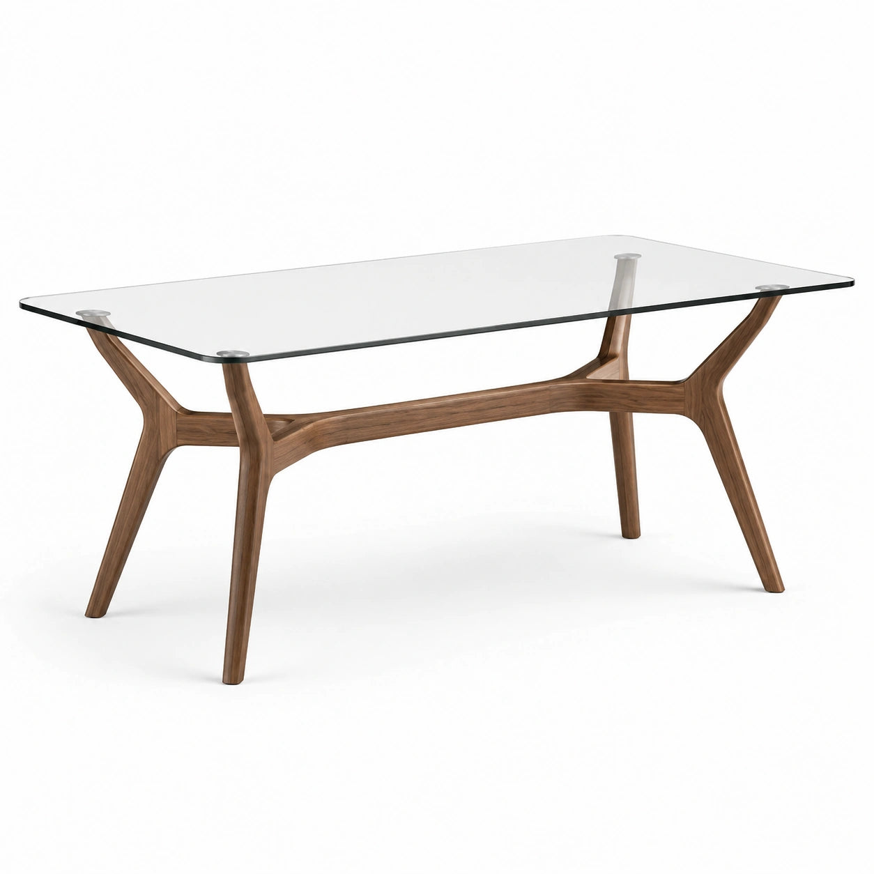 Tavolo rettangolare in vetro temperato con base in legno di noce 180x90x75 cm