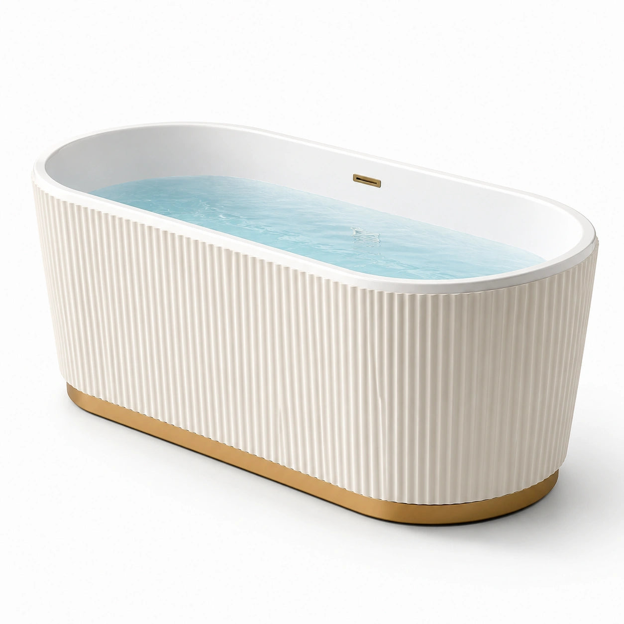Vasca freestanding ovale in acrilico bianco con base in metallo dorato
