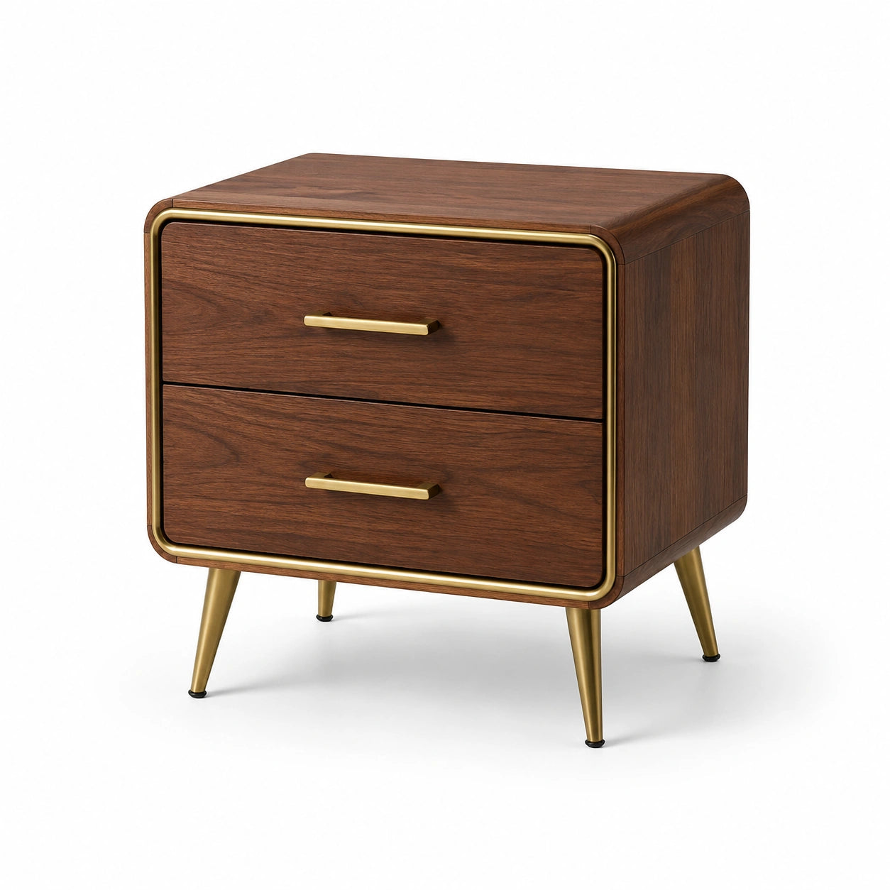 Comodino in legno con gambe in metallo e 2 cassetti