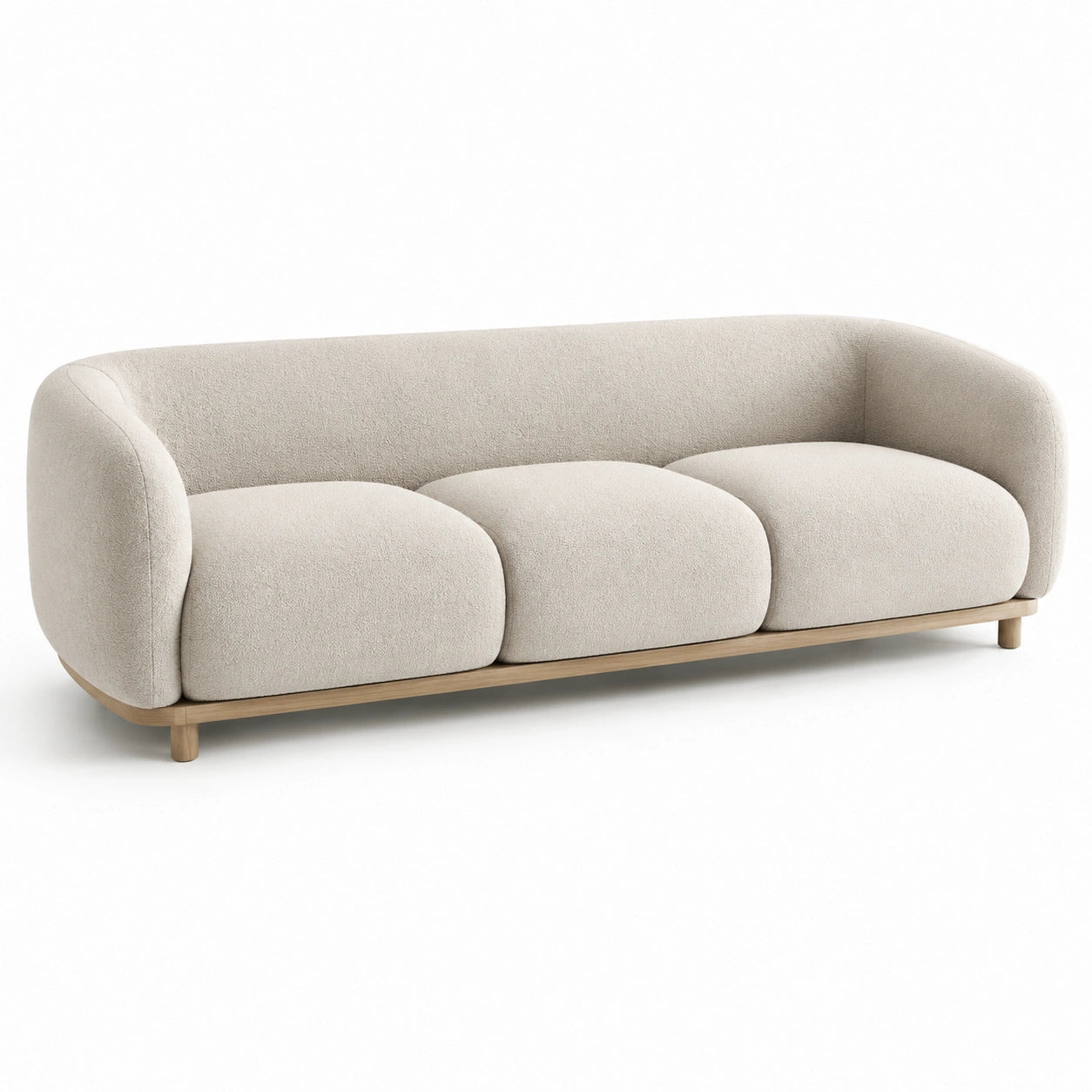 Divano a tre posti in tessuto bouclé con struttura in legno beige
