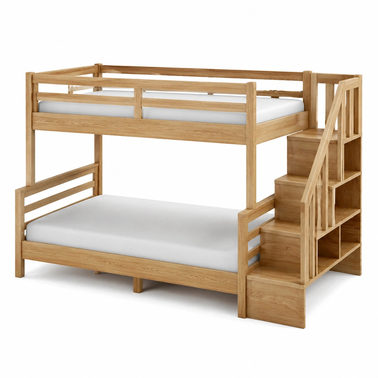Letto a castello in legno di quercia con scala e materassi bianchi