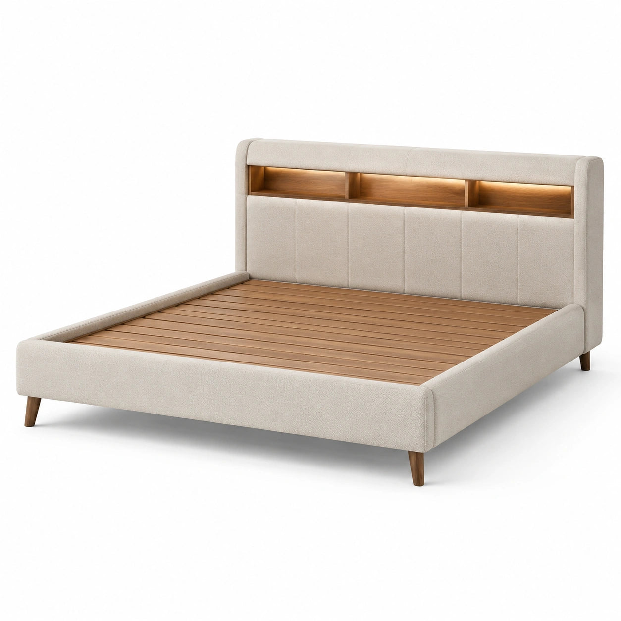 Letto matrimoniale in legno e tessuto beige con testiera contenitore