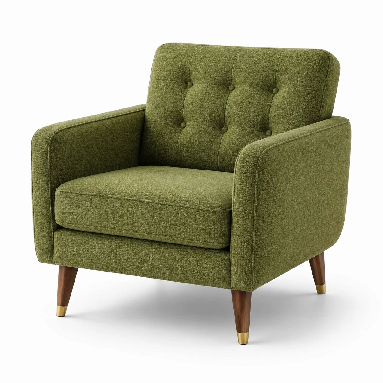 Poltrona in tessuto poliestere verde con gambe in legno di noce