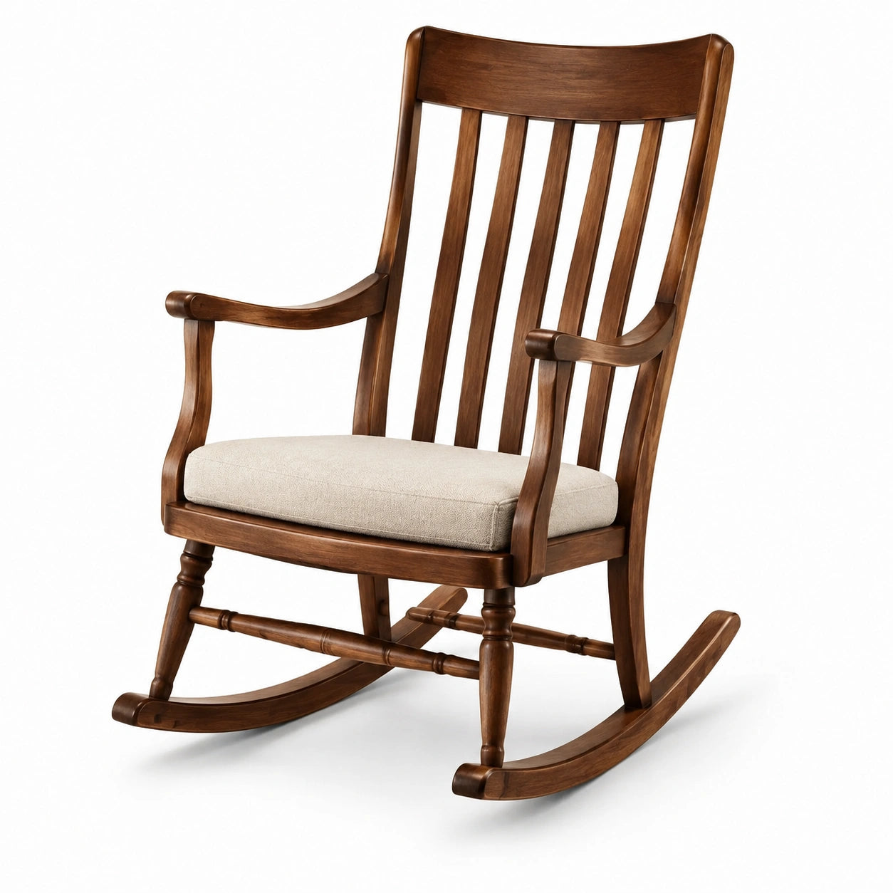 Sedia a dondolo in legno con cuscino in tessuto beige