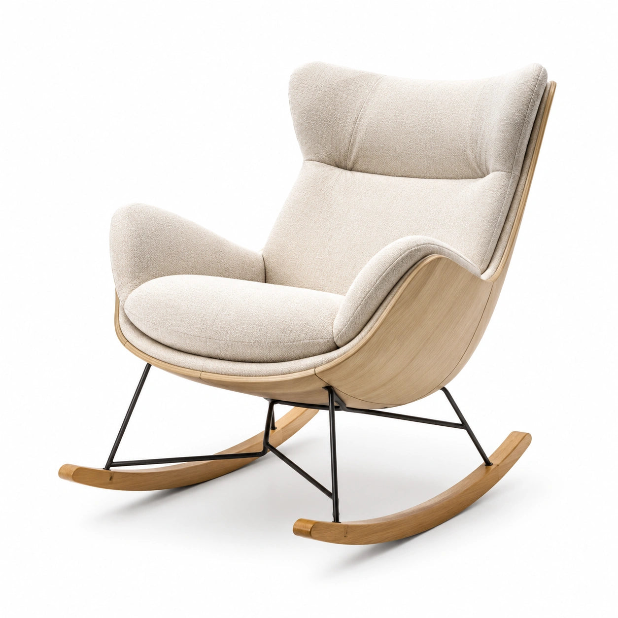 Sedia a dondolo in legno, metallo e tessuto beige