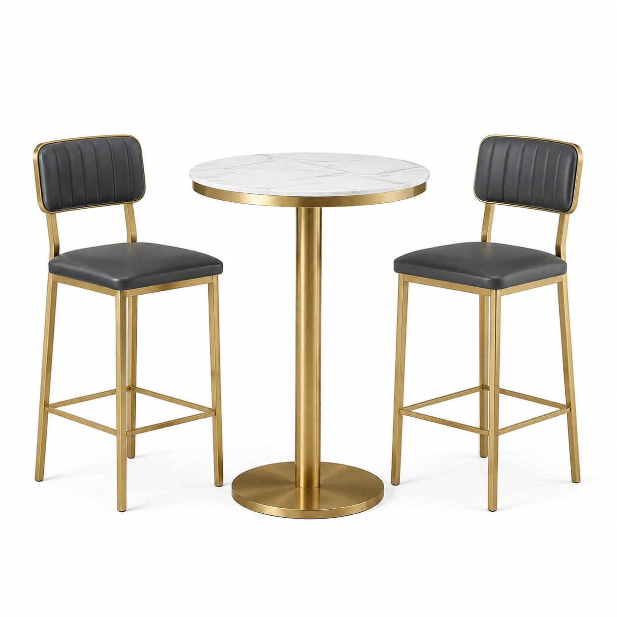 Set da bar con tavolo in marmo sintetico e 2 sgabelli in metallo e similpelle nera