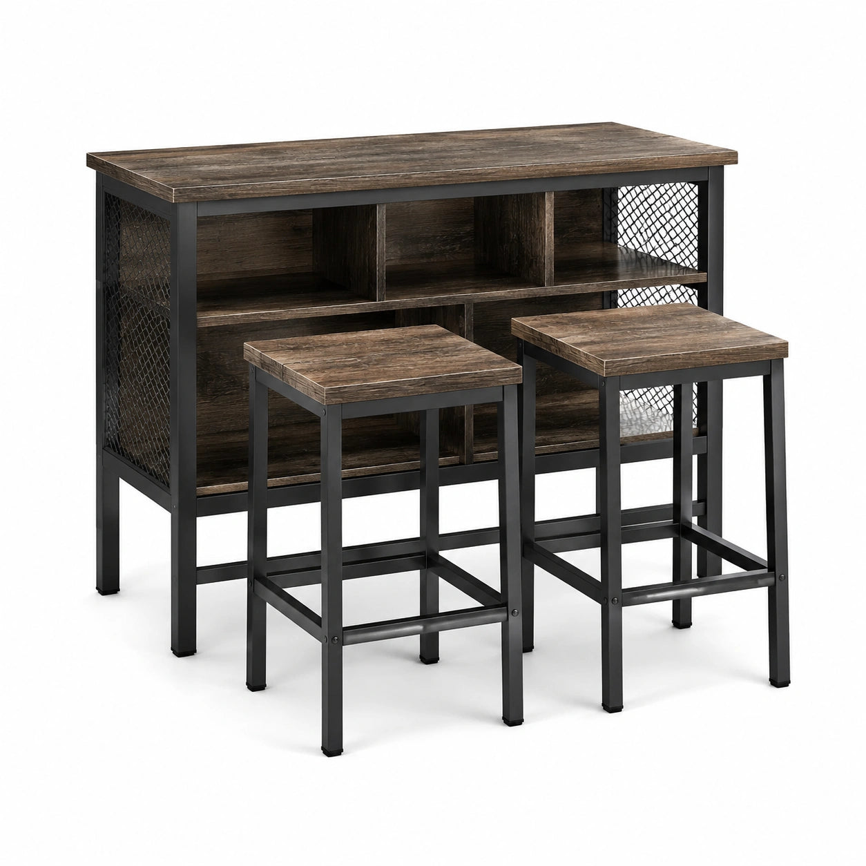 Set da bar con tavolo e 2 sgabelli in legno e metallo verniciato a polvere